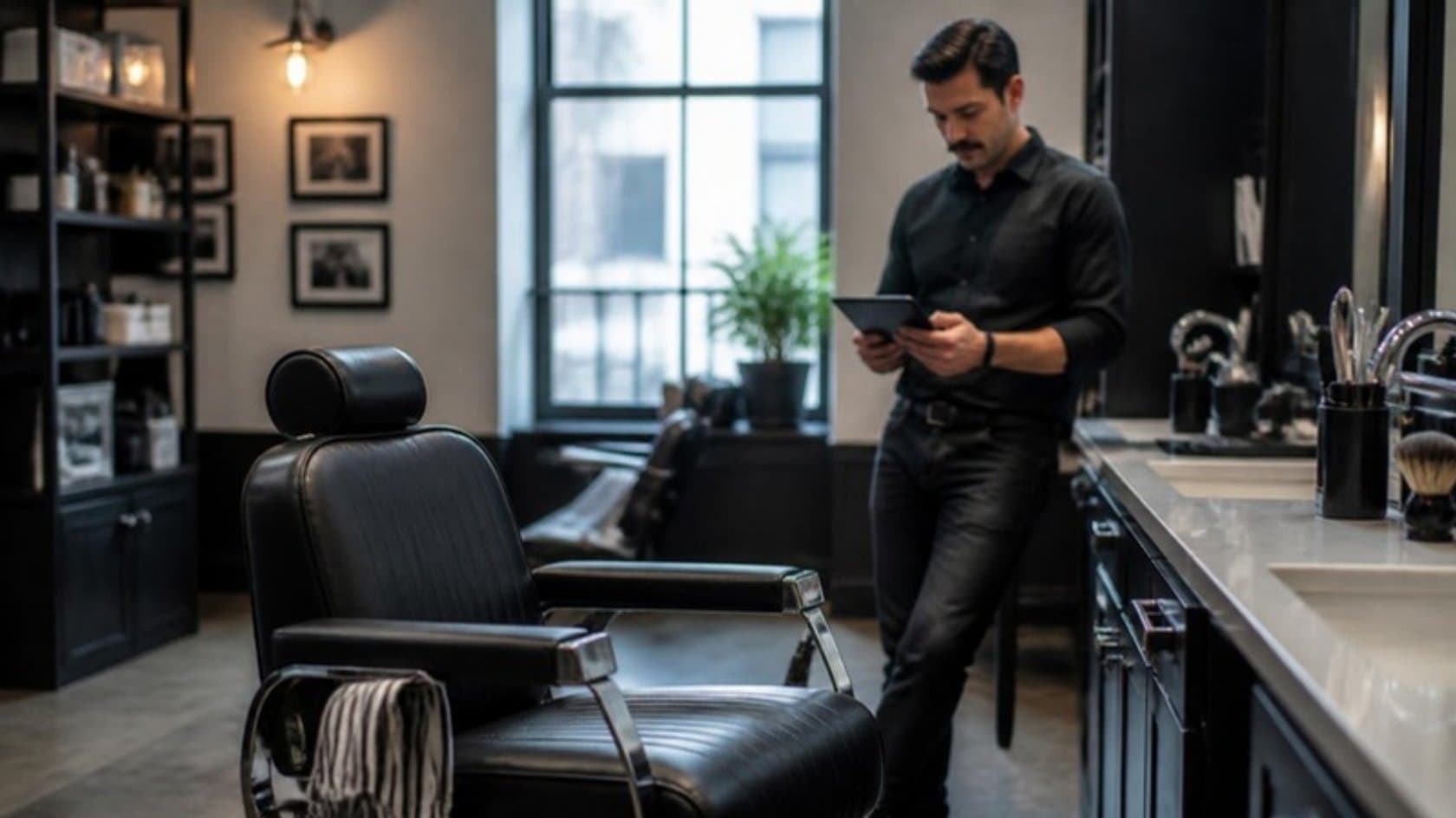 Prázdné křeslo v barbershopu, barber kontroluje kalendář